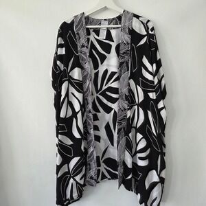 Chicos Reversible Tropical Monstera Leaf Kimono Wrap Black White Rayon L/X